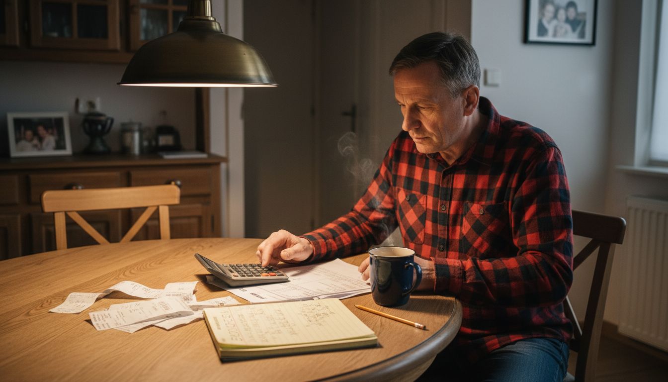 Mężczyzna siedzi przy stole i rozpisuje domowy budżet.