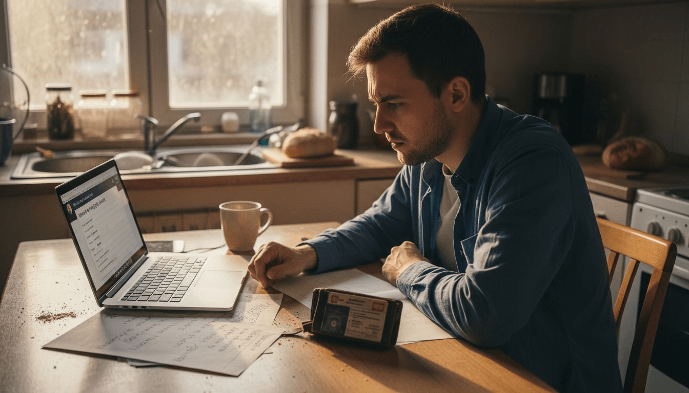 Mężczyzna siedzi przy stole i wypełnia wniosek o pożyczkę przez internet.