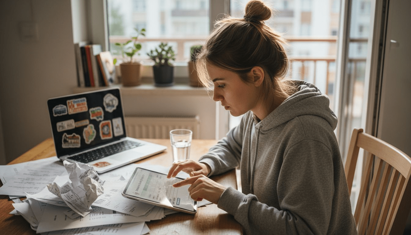 Kobieta wypełnia w domu wniosek o pożyczkę przez internet.