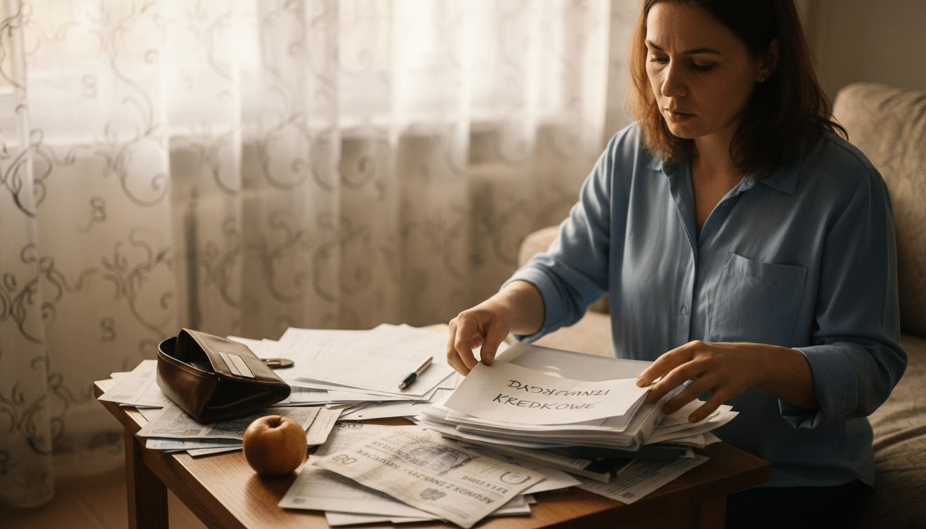 Kobieta kompletująca dokumenty potrzebne do złożenia wniosku o kredyt