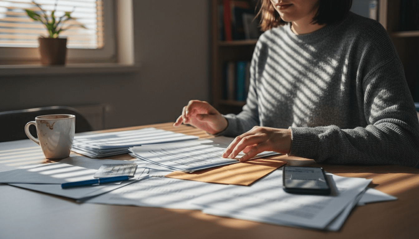 Kobieta przegląda dokumenty związane z kredytem, siedząc przy stole w swoim domu.