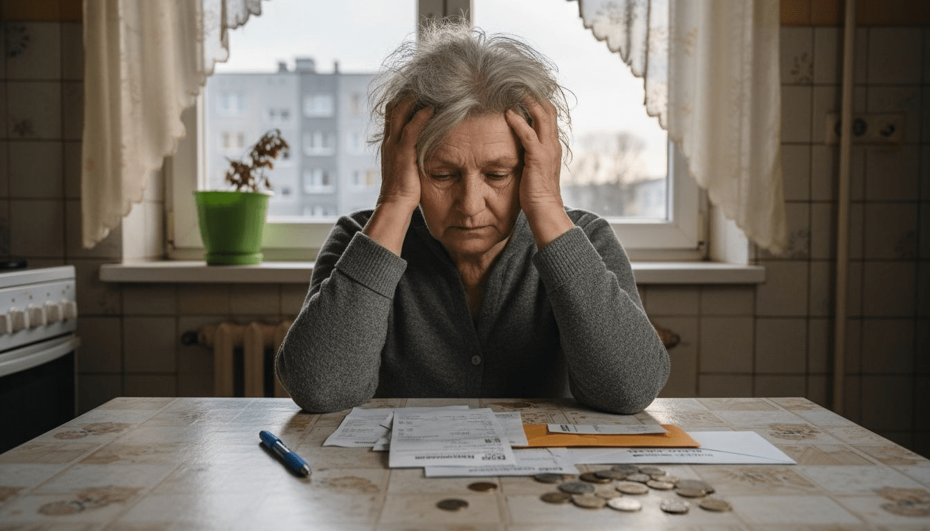 Zaniepokojona kobieta przegląda rachunki, martwiąc się rosnącymi długami.