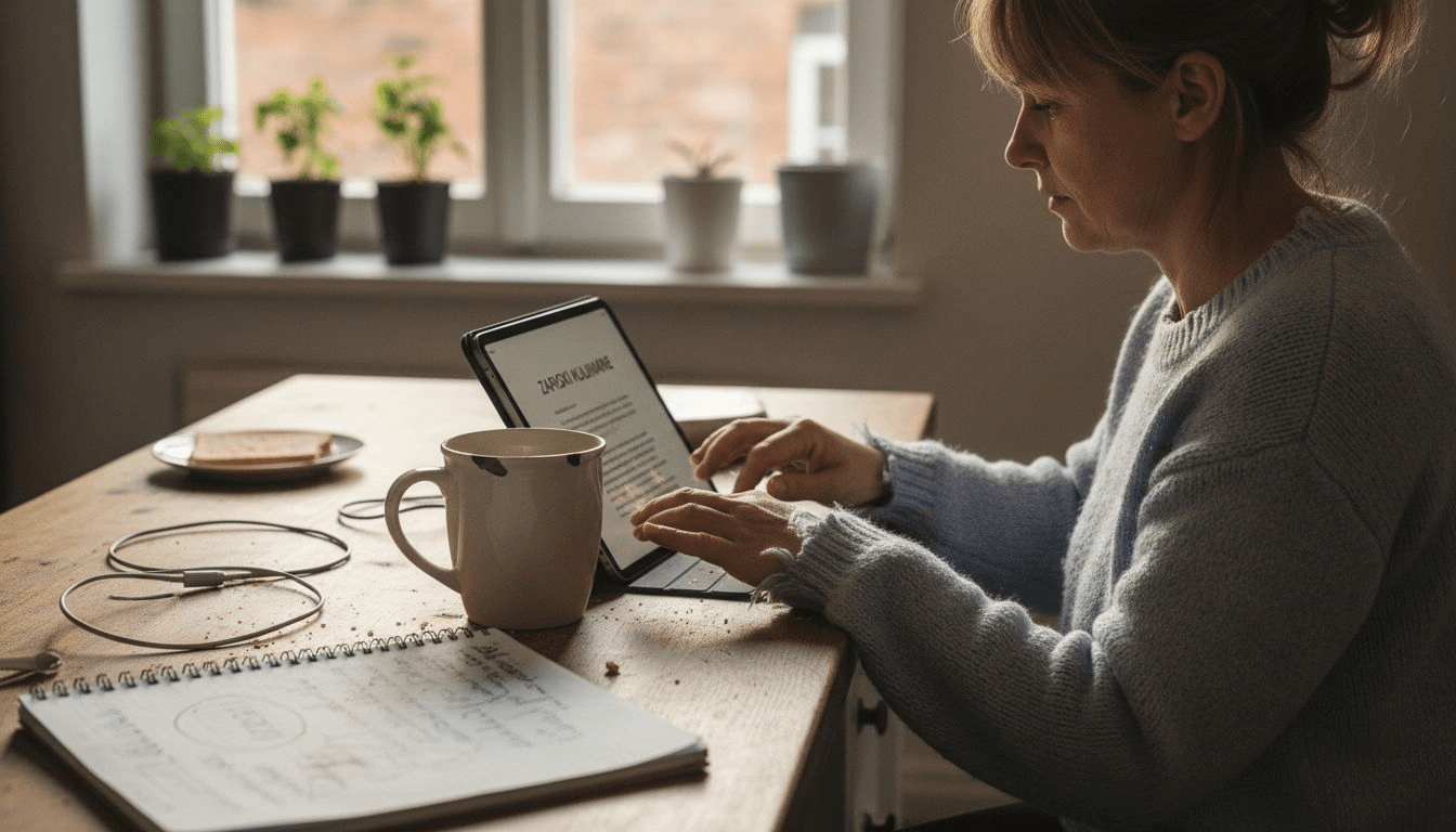 Kobieta wypełnia formularz online na tablecie.