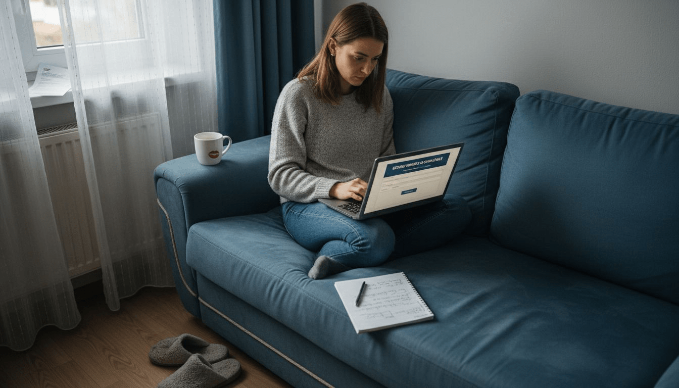 Kobieta składa wniosek o szybką pożyczkę, siedząc wygodnie w swoim domu.