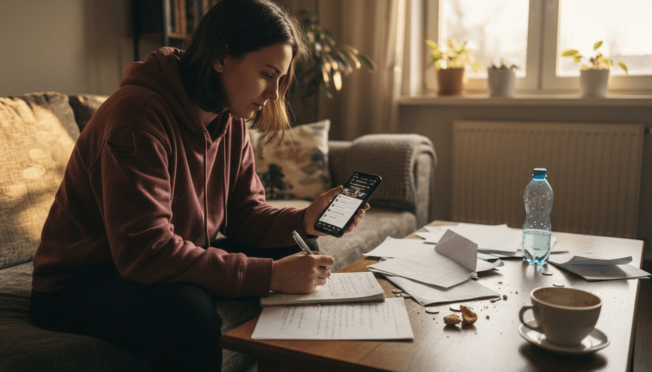 Kobieta sprawdza i porównuje dostępne oferty pożyczek w internecie.