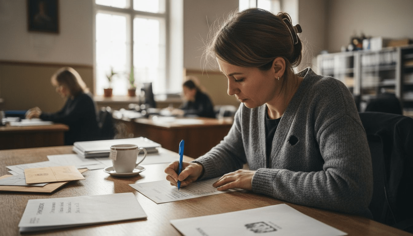 Przy urzędowym biurku kobieta własnoręcznie wypełnia i podpisuje dokument.