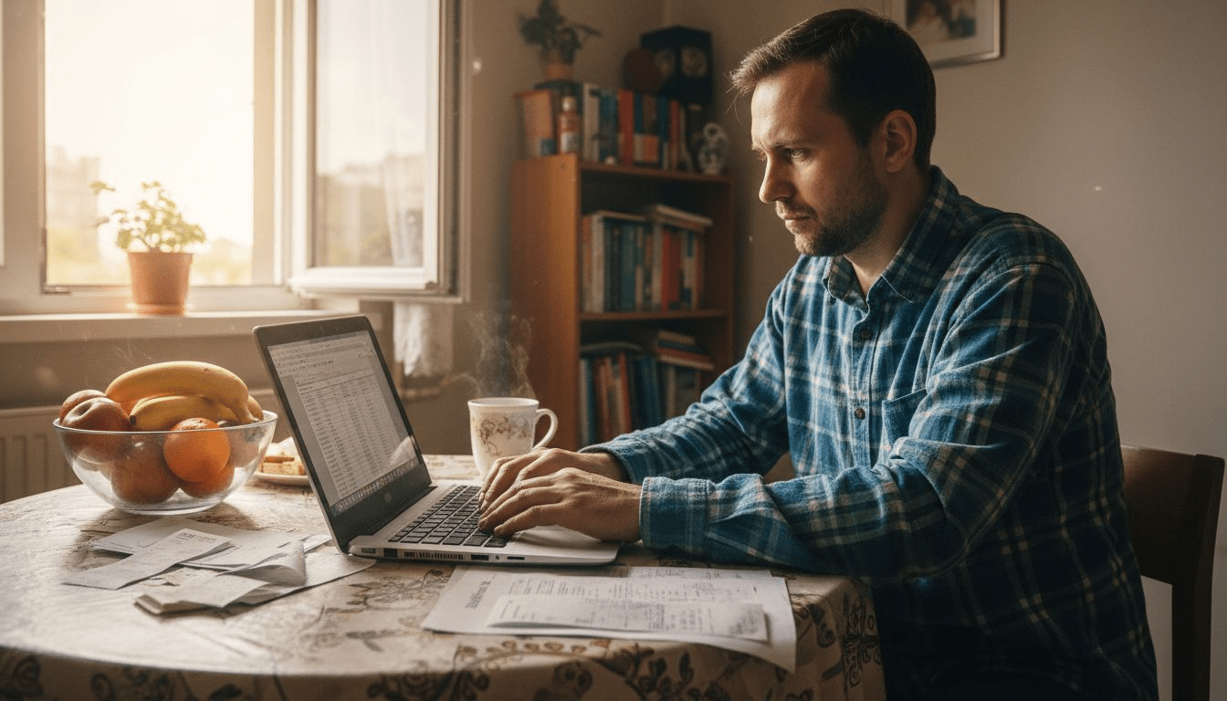 Nauczycielka analizuje w domu dokumenty finansowe.