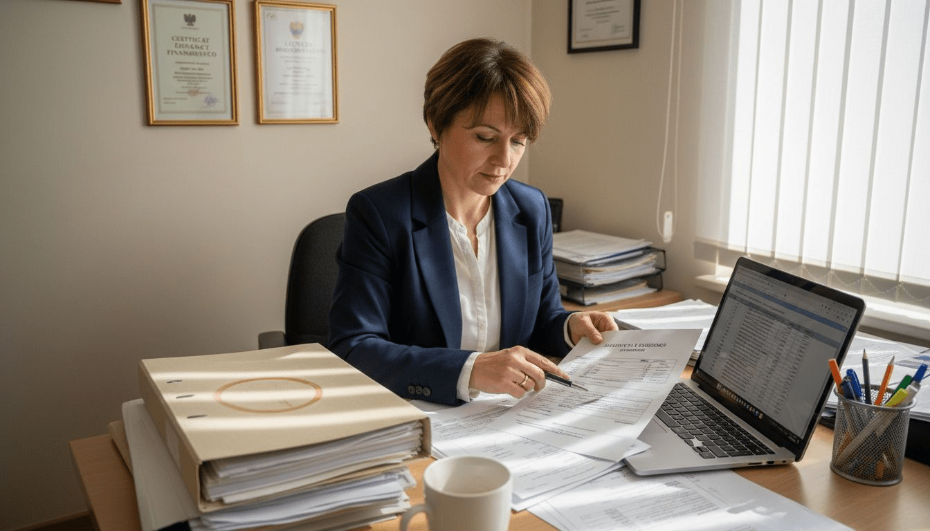 Doradca kredytowy sprawdza dokumenty potwierdzające dochód z programu babciowego.