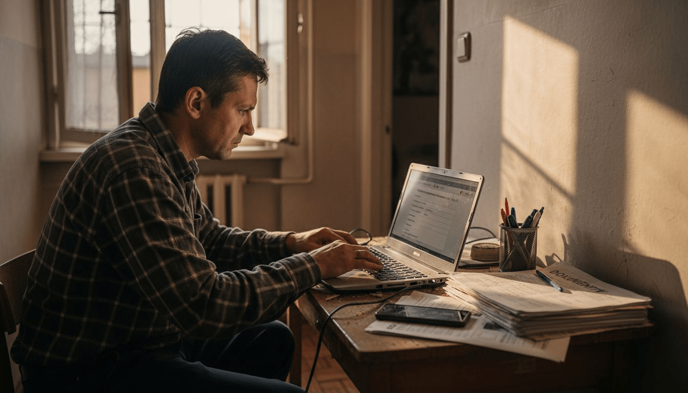 Mężczyzna siedzi w korytarzu i składa wniosek o świadczenia przez internet.