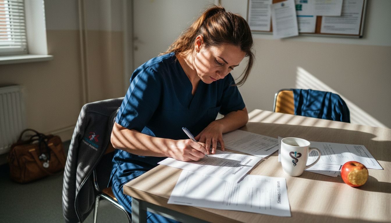 Pielęgniarka podpisuje umowę kredytową podczas przerwy w szpitalnej kuchni
