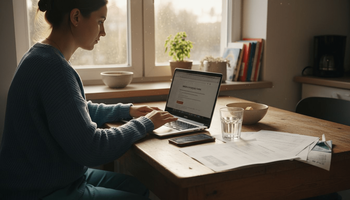Położna siedzi przy kuchennym stole i przesyła dokumenty potrzebne do kredytu.