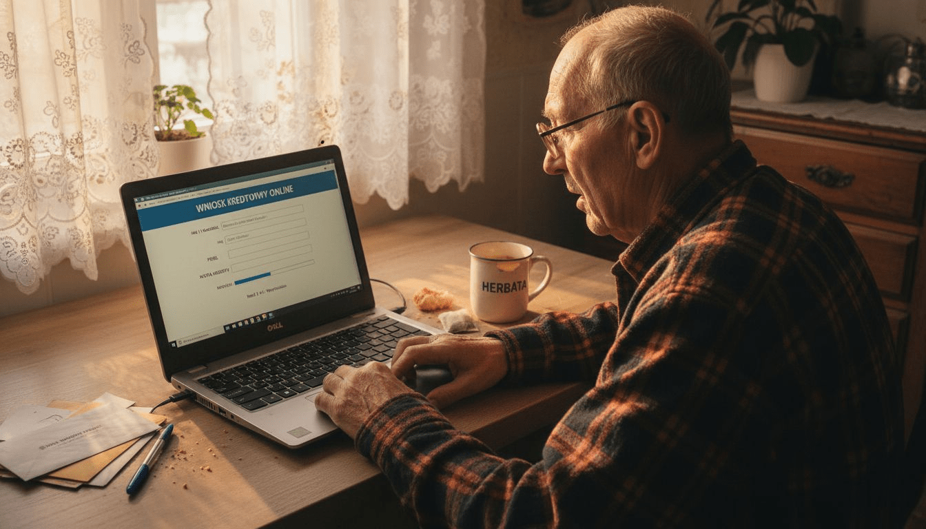 Starszy pan przegląda oferty pożyczek w internecie.