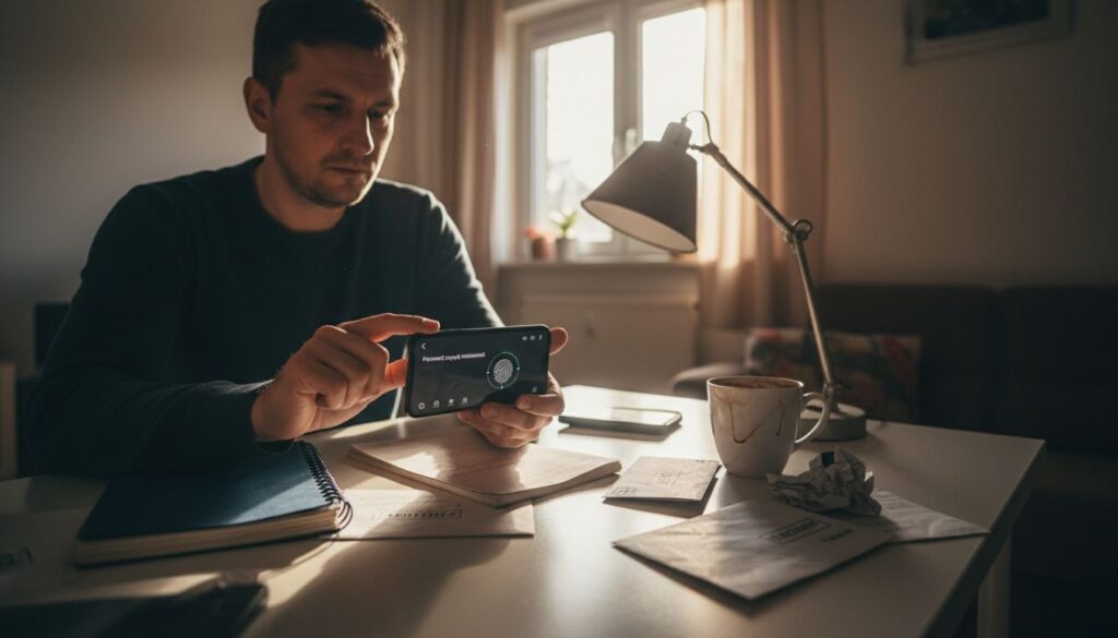 Mężczyzna potwierdza swoją tożsamość przez telefon, siedząc przy biurku w domu.