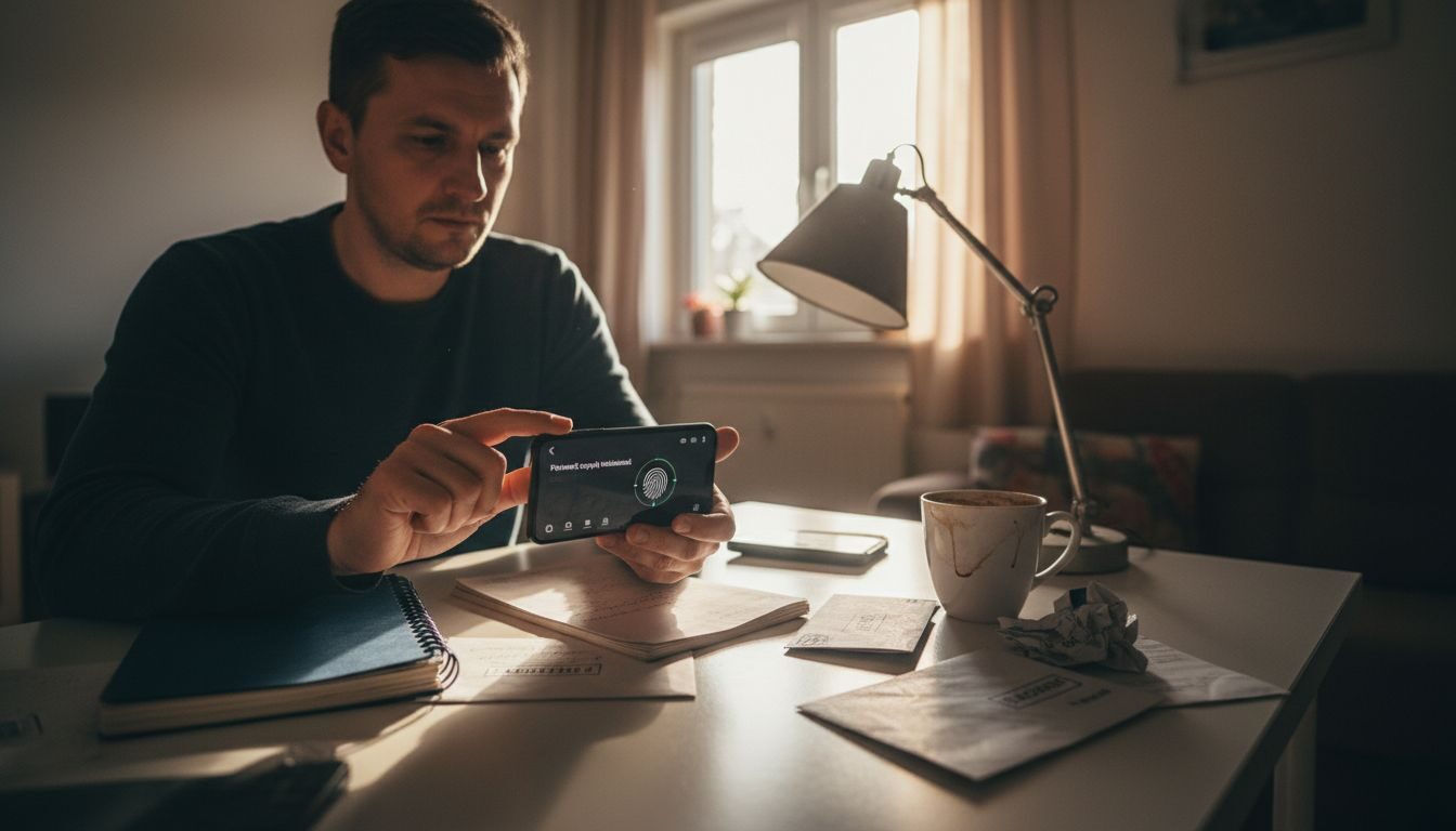 Mężczyzna potwierdza swoją tożsamość przez telefon, siedząc przy biurku w domu.