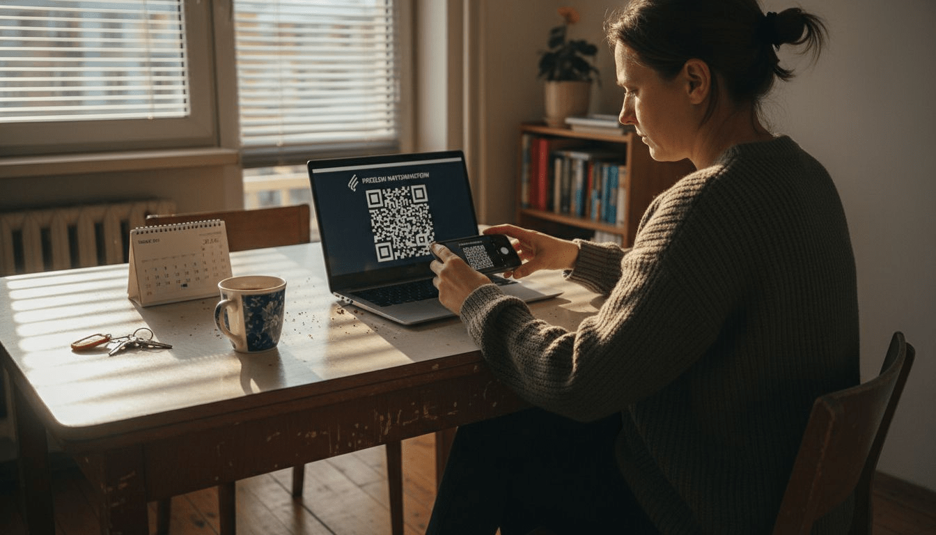 Kobieta siedzi przy kuchennym stole i skanuje kod QR swoim telefonem.