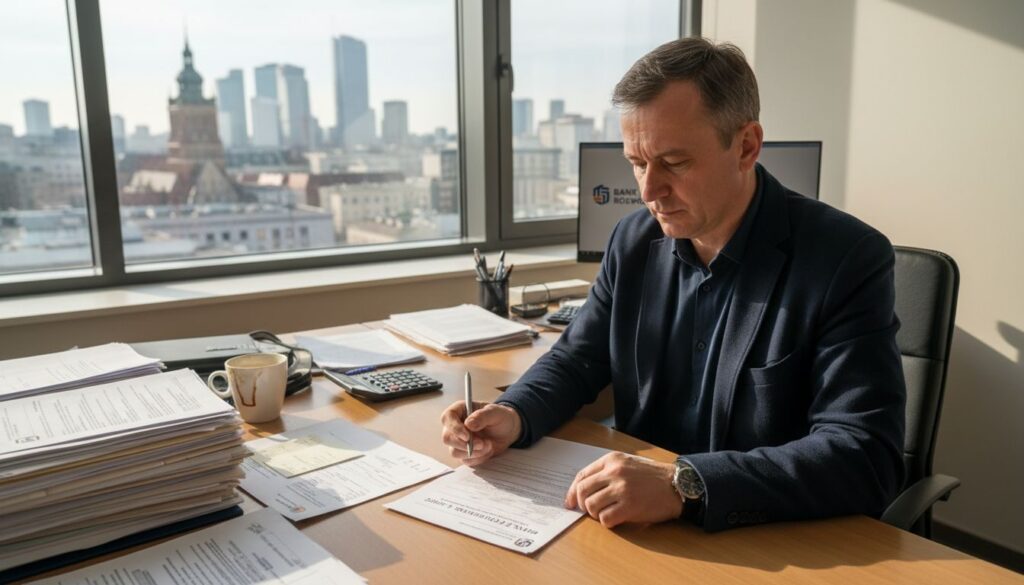 Mężczyzna uważnie przegląda papierowy wniosek o kredyt.