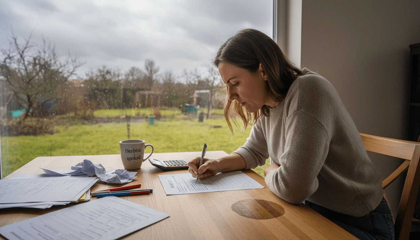 Przy zabałaganionym biurku kobieta pochyla się nad wnioskiem, próbując go napisać.