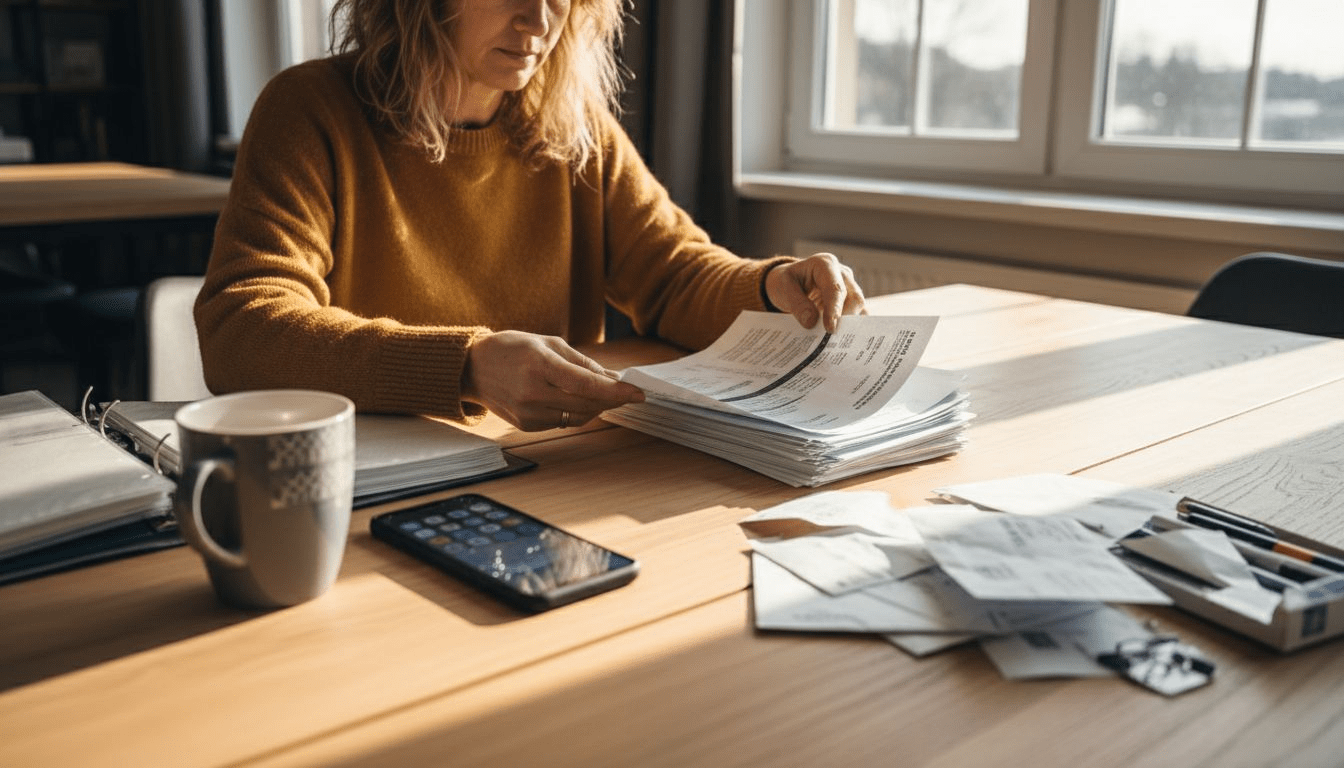 Kobieta porządkuje dokumenty potwierdzające spłatę swoich zobowiązań finansowych.