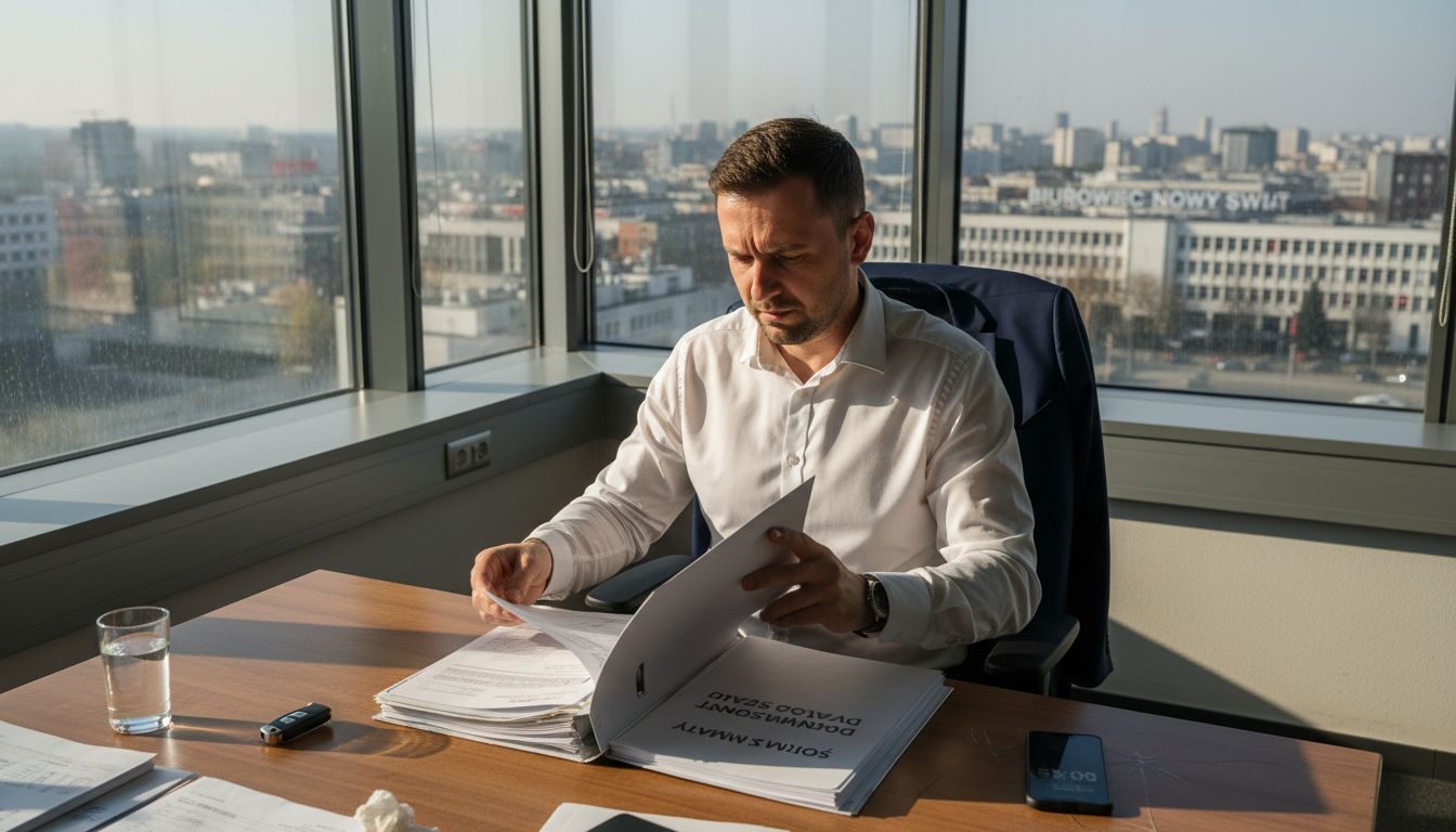 Mężczyzna dokładnie analizuje dokumenty związane z kredytem samochodowym w biurze.