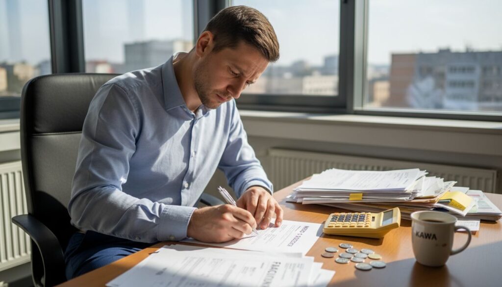 Mężczyzna podpisuje wniosek o kredyt przy biurku.
