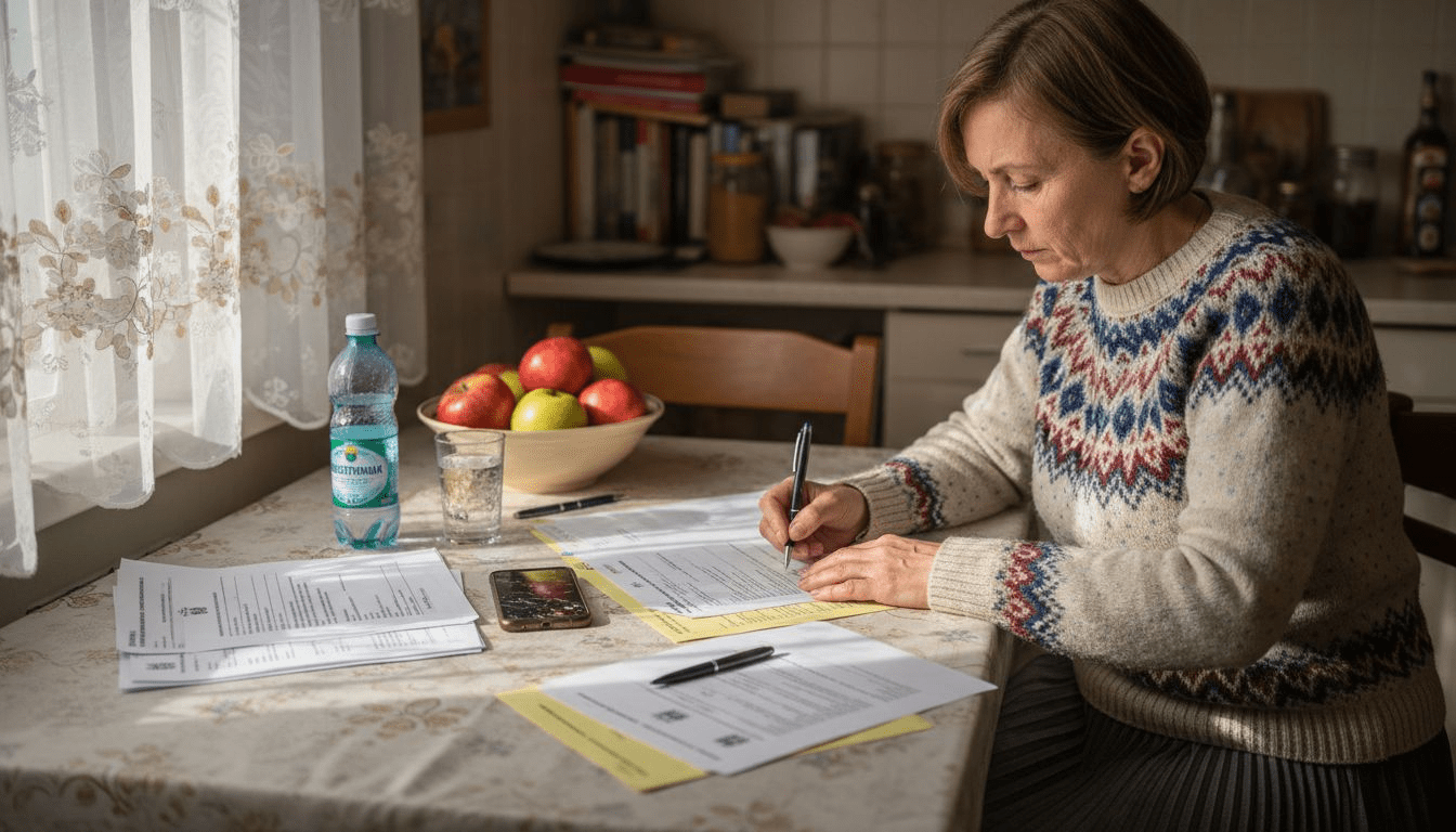 Kobieta siedzi przy kuchennym stole i wypełnia wniosek kredytowy.