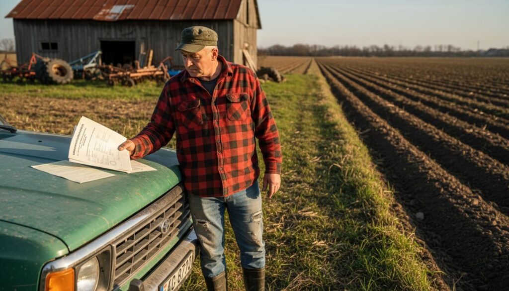 Rolnik sprawdza dokumenty, stojąc przy swoim polu obok ciągnika.
