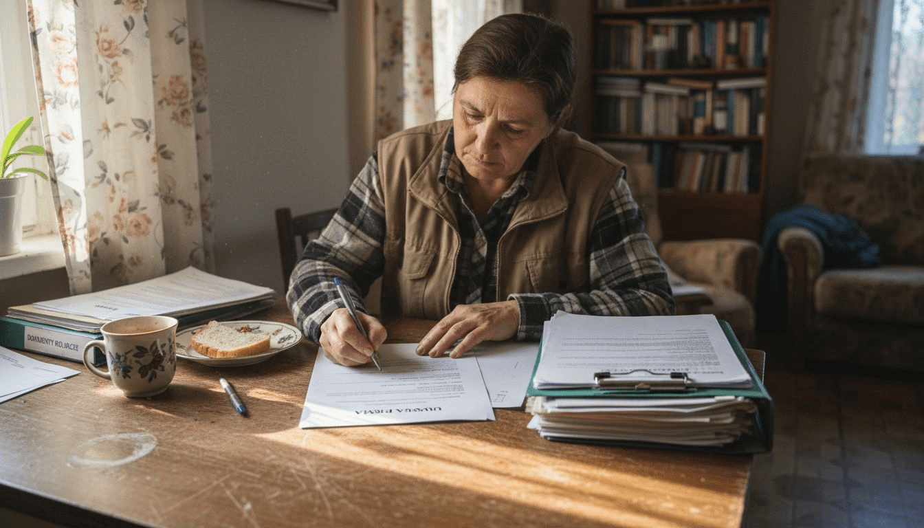 Kobieta podpisuje dokumenty związane z kredytem na gospodarstwo przy stole.