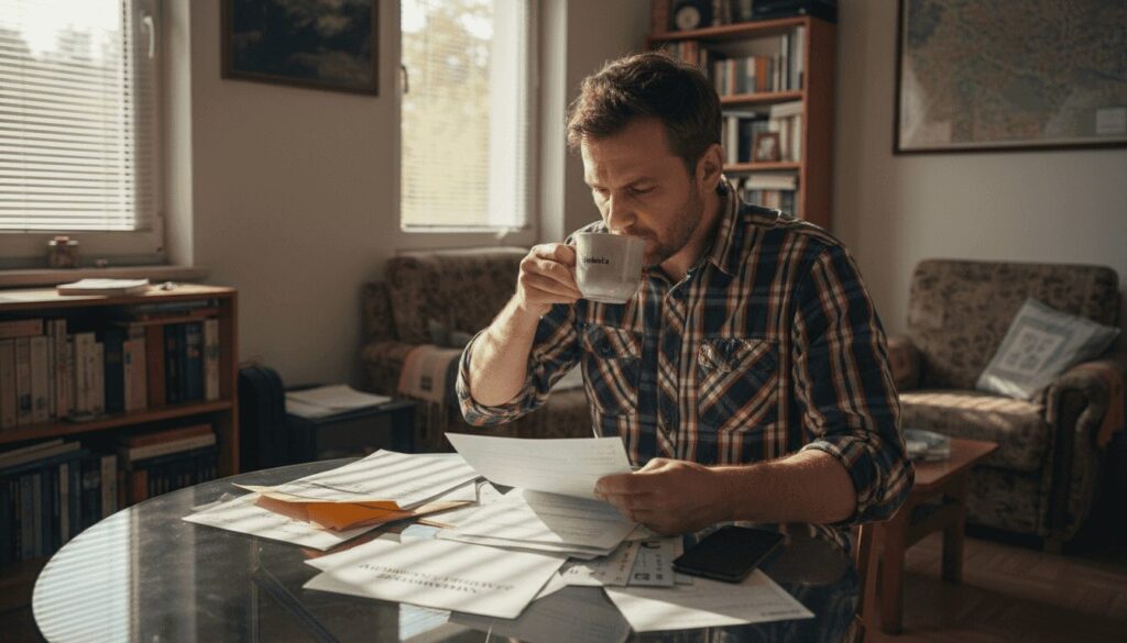 Mężczyzna dokładnie przygląda się dokumentom kredytowym z zagranicy.