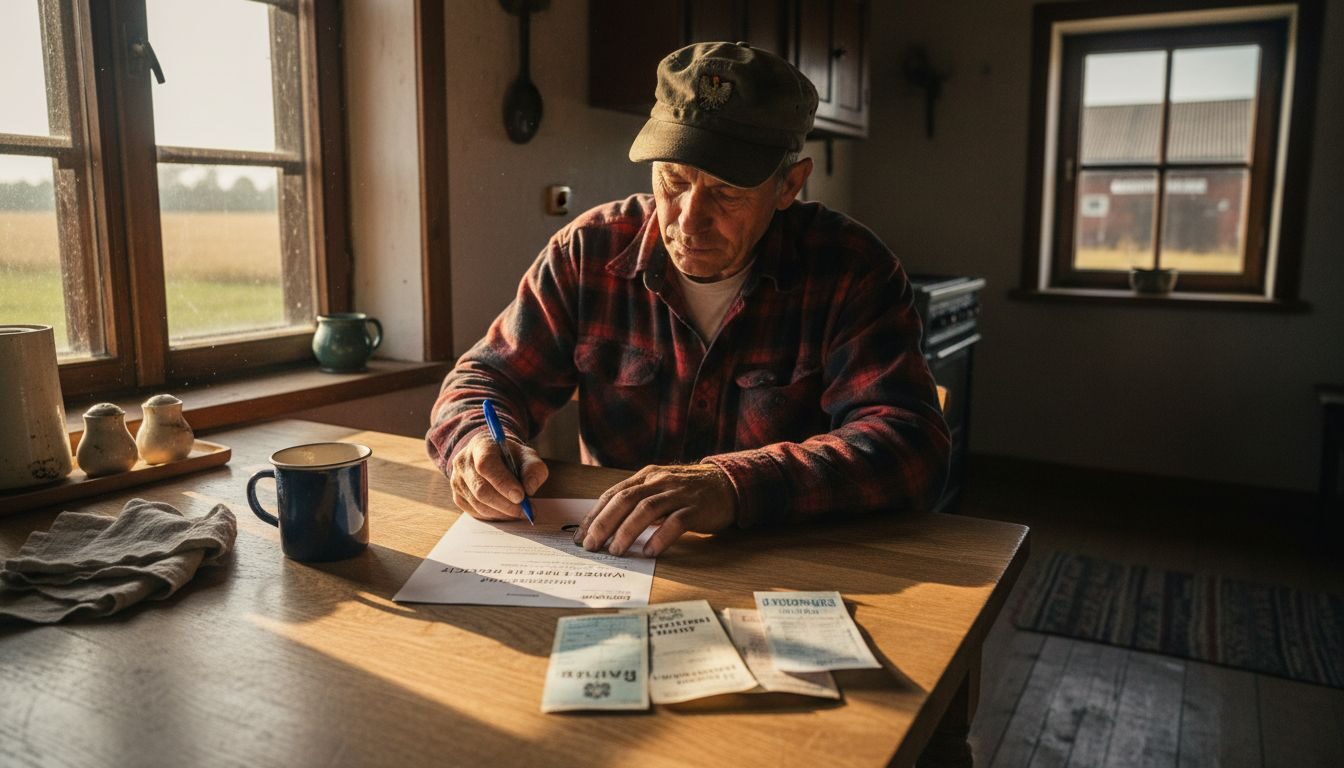 Rolnik wypełnia dokumenty przy kuchennym stole.