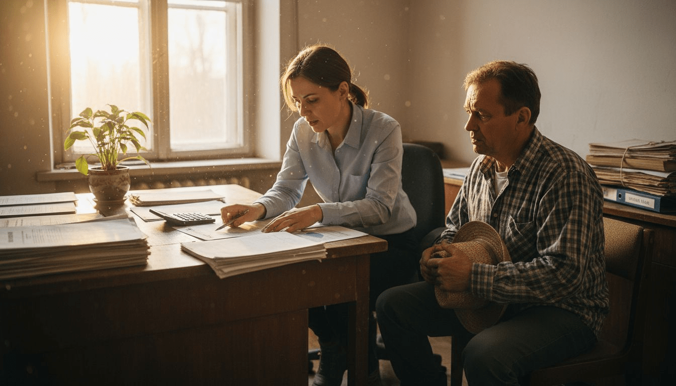 Pracownik instytucji finansowej omawia z rolnikiem warunki wsparcia dla gospodarstwa.