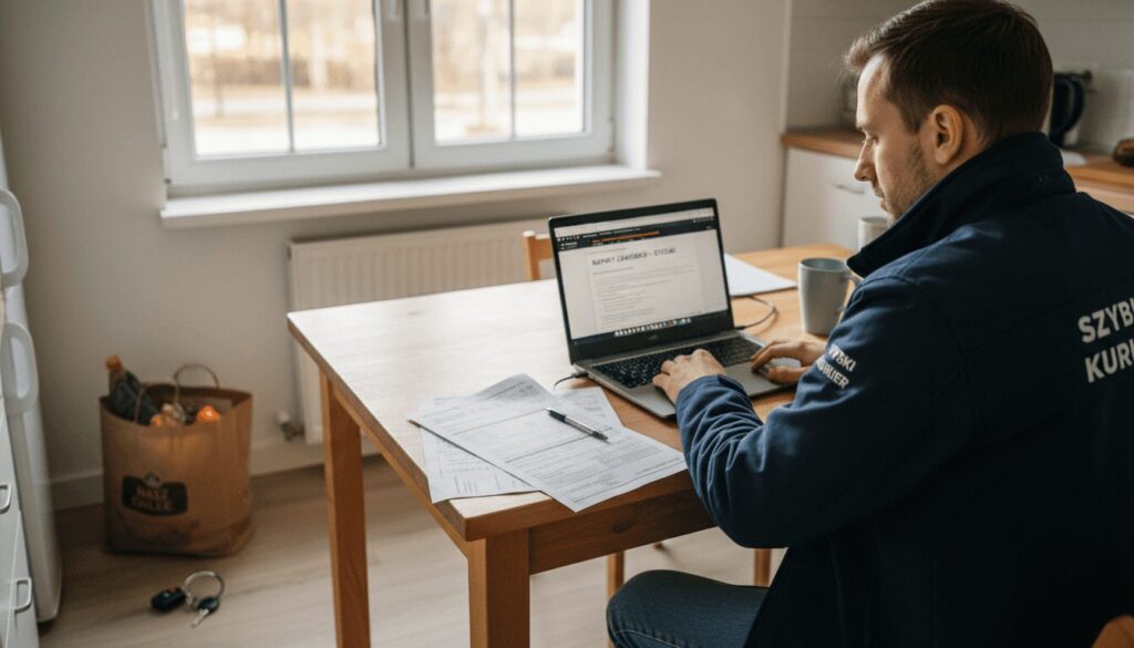 Kurier przegląda dokumenty finansowe przy kuchennym stole.