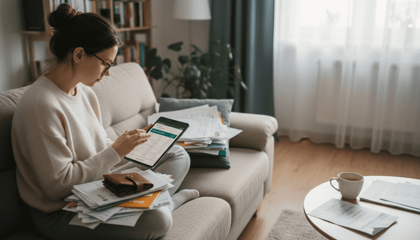Kurierka przygotowująca weryfikację krzyżową wyciągów bankowych na tablecie przed złożeniem wniosku o kapitał.