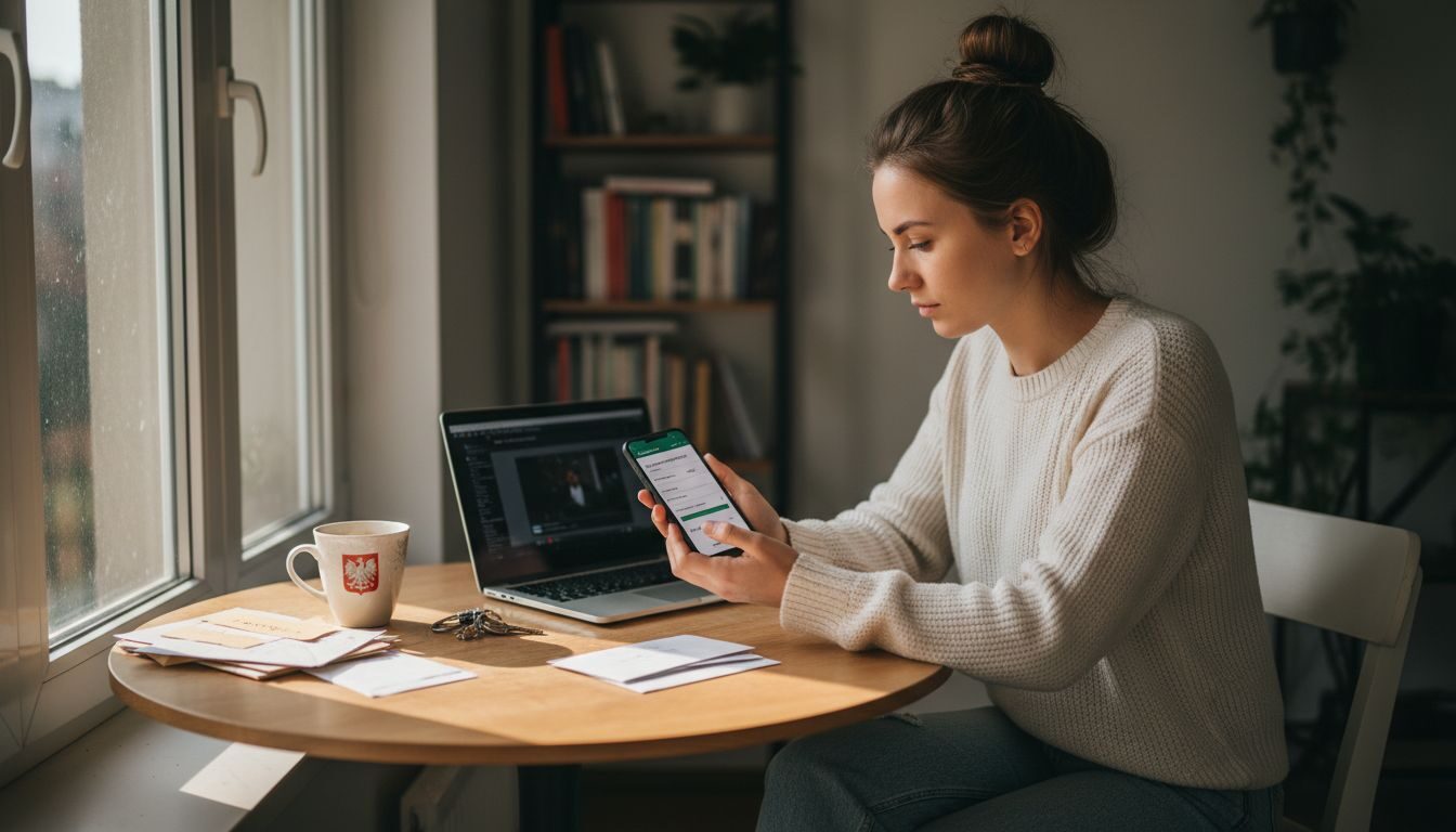 Kobieta wypełnia wniosek o pożyczkę BLIK, siedząc przy kuchennym stole.
