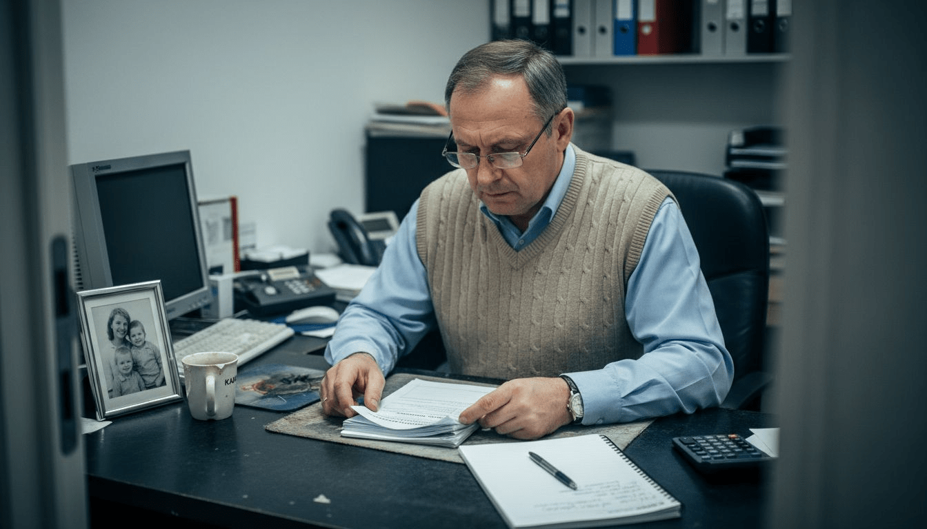 Pracownik banku dokładnie sprawdza dokumenty klienta przy swoim biurku.