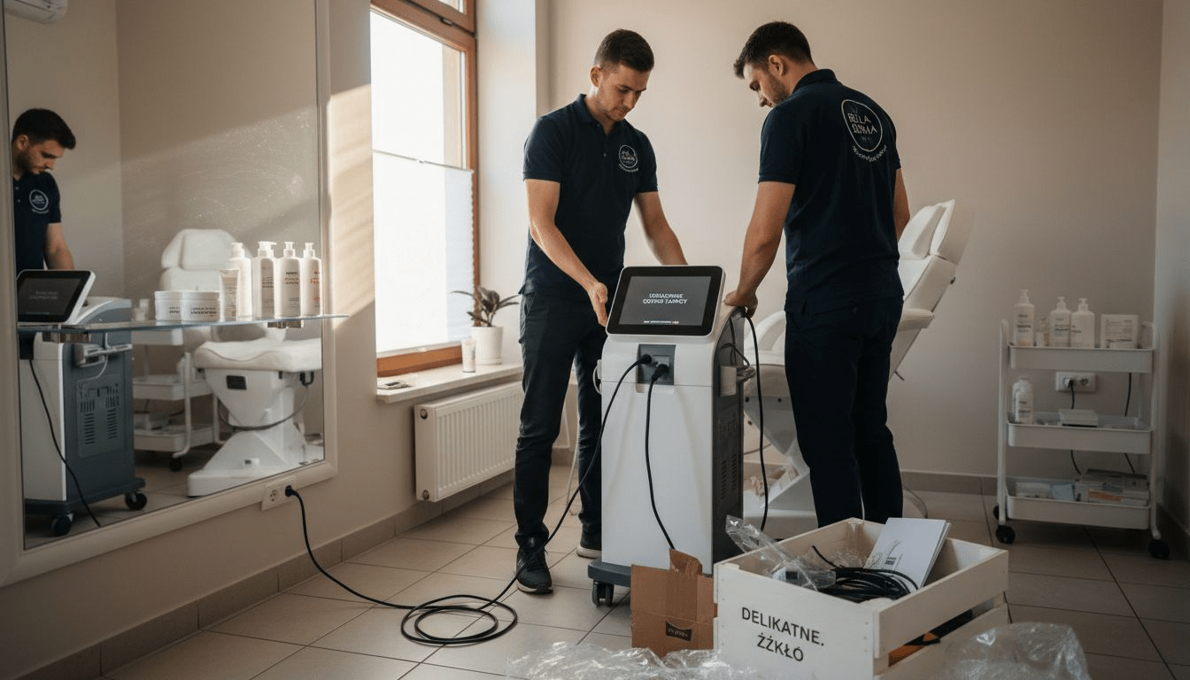 Specjaliści montują nowoczesny sprzęt kosmetyczny w salonie