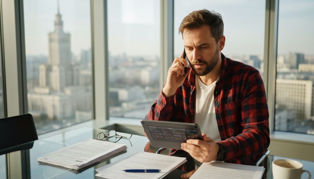 Mężczyzna przegląda cyfrowe zasoby w biurze w centrum miasta.