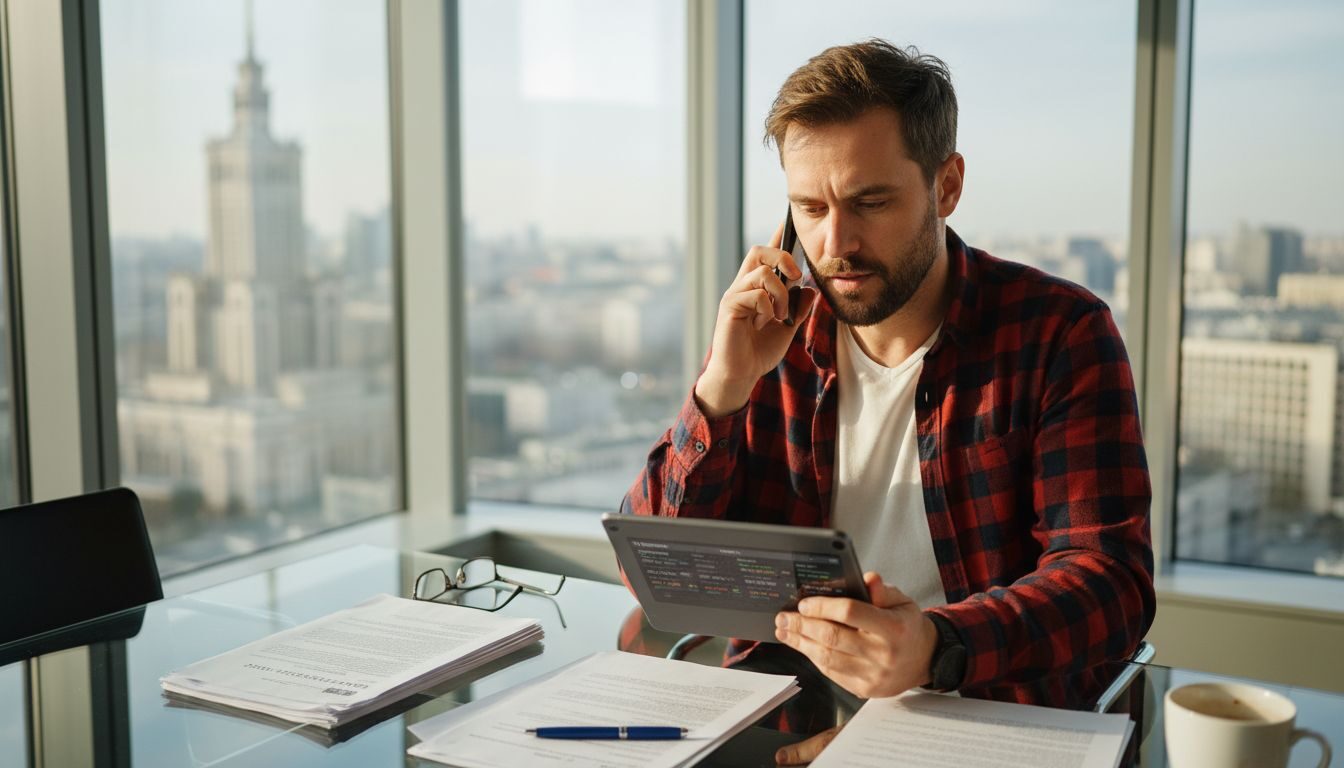 Mężczyzna przegląda cyfrowe zasoby w biurze w centrum miasta.