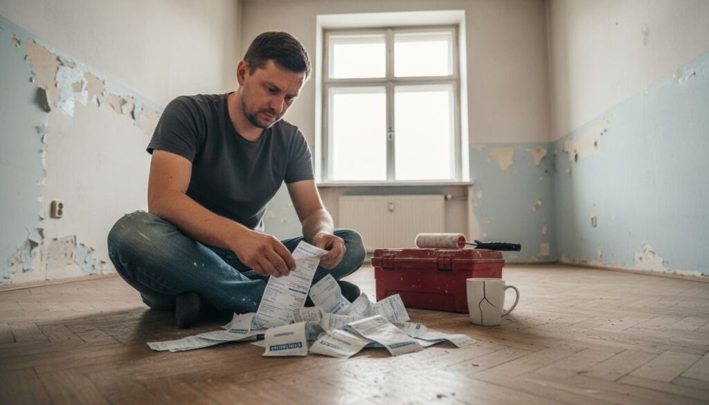Mężczyzna planuje budżet remontu, siedząc w swoim zamieszkałym pokoju.