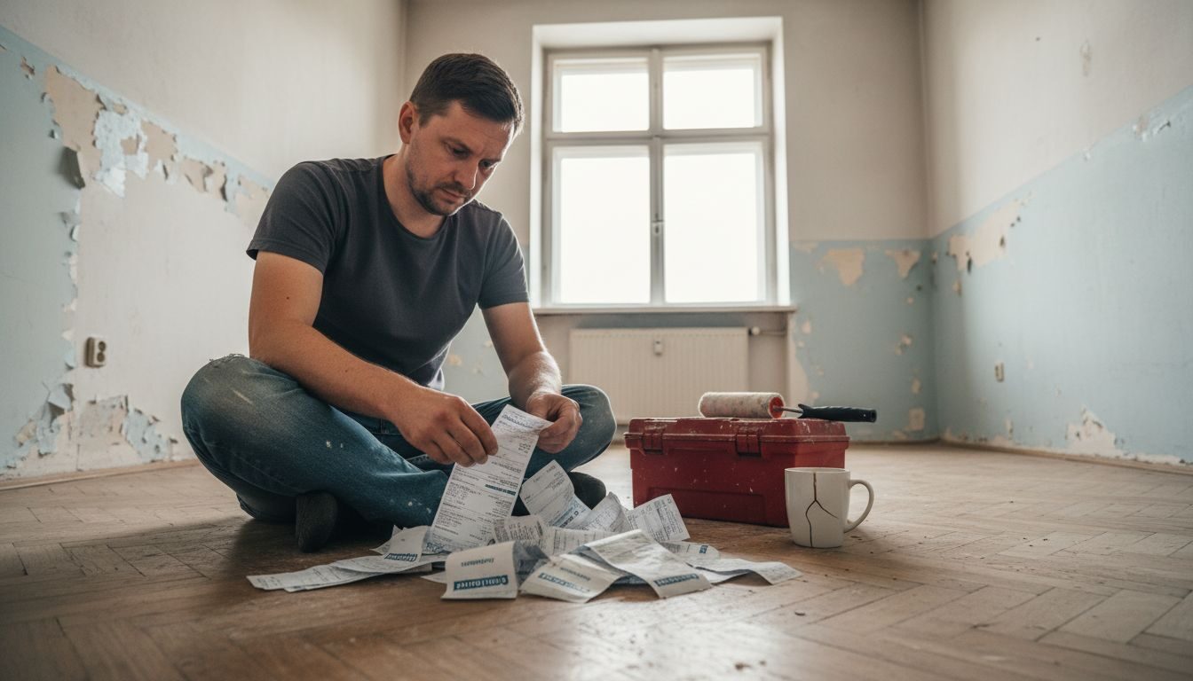 Mężczyzna planuje budżet remontu, siedząc w swoim zamieszkałym pokoju.