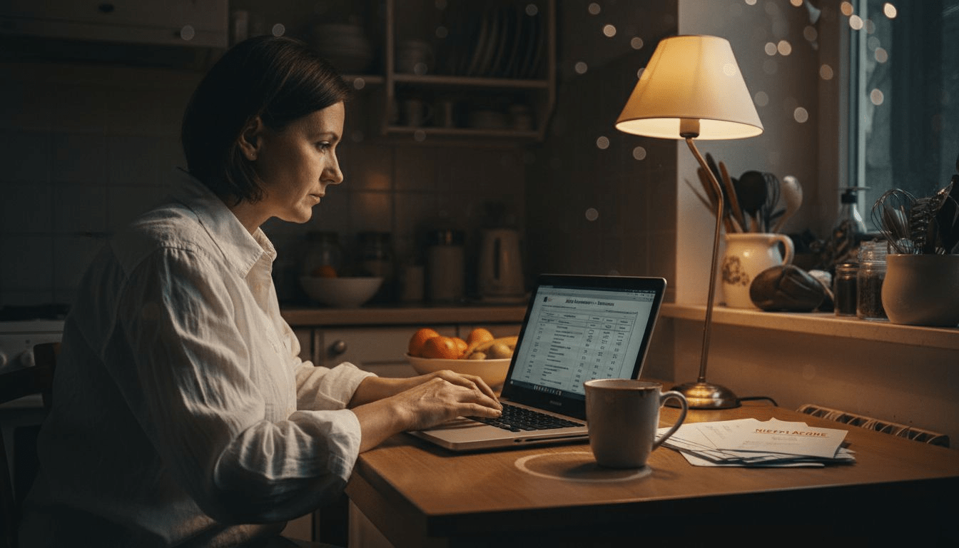 Zadłużona kobieta analizuje na laptopie swój własny raport pobrany z rejestru BIG, przed złożeniem wniosku o finansowanie.