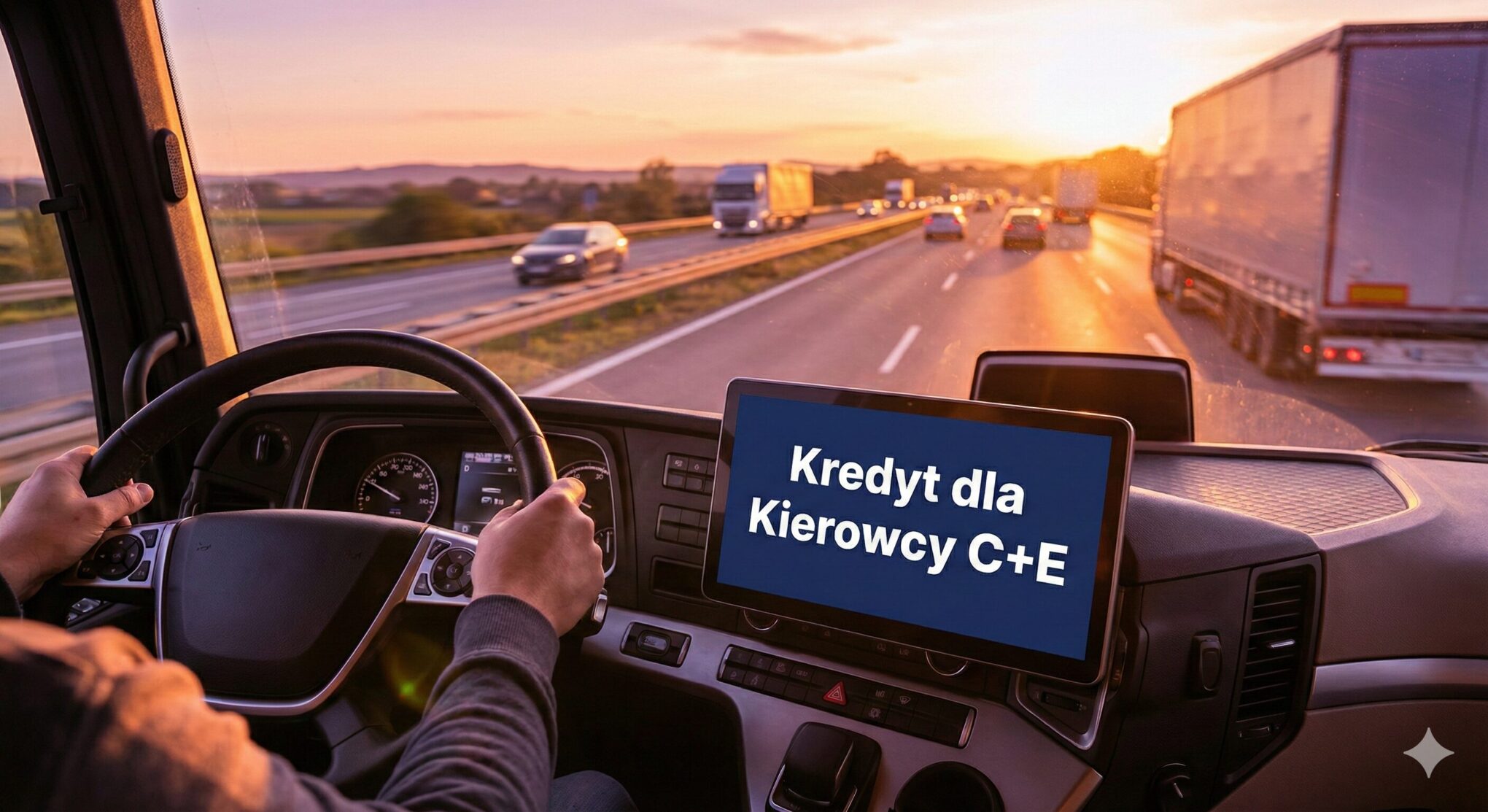 Wnętrze kabiny nowoczesnej ciężarówki C+E o zachodzie słońca z tabletem wyświetlającym ofertę na kredyt dla kierowcy zawodowego.