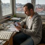 Mężczyzna sprawdza stan swojego portfela na Binance, siedząc przy zagraconym biurku.