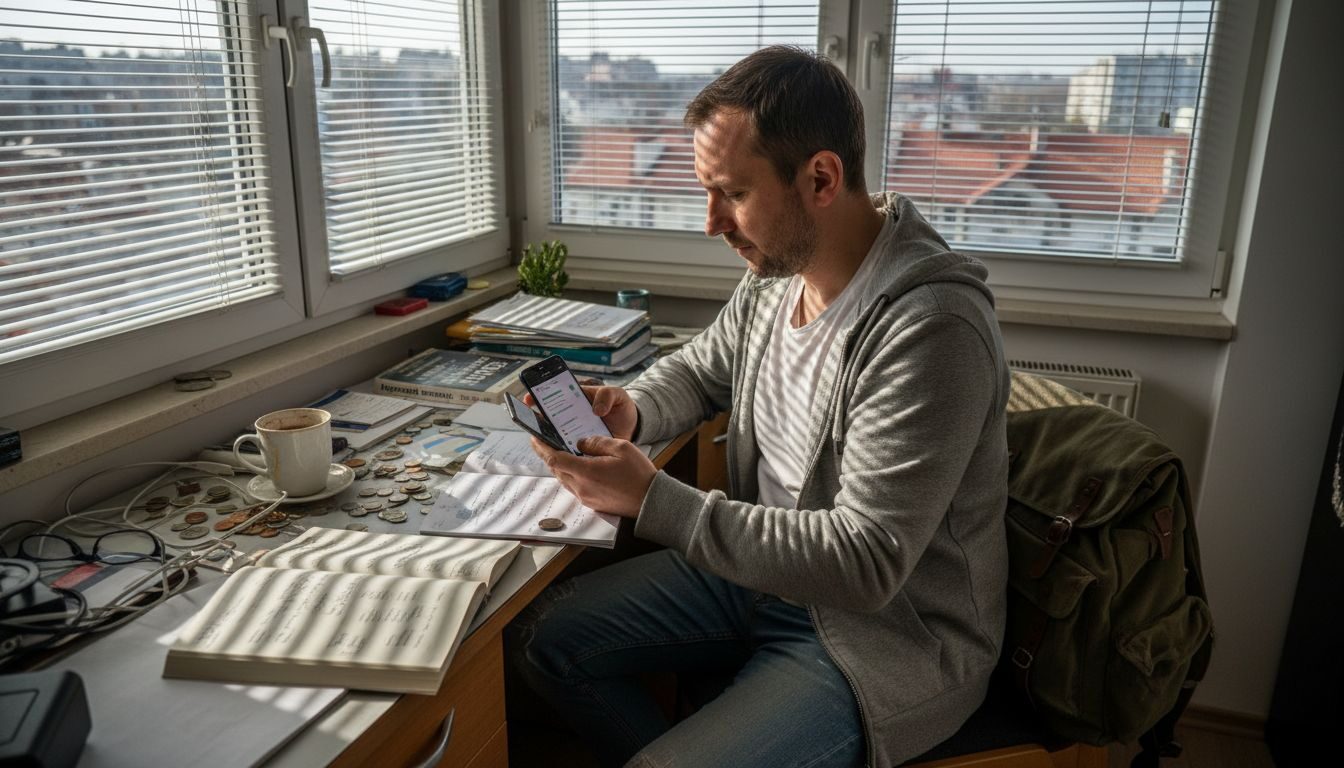 Mężczyzna sprawdza stan swojego portfela na Binance, siedząc przy zagraconym biurku.