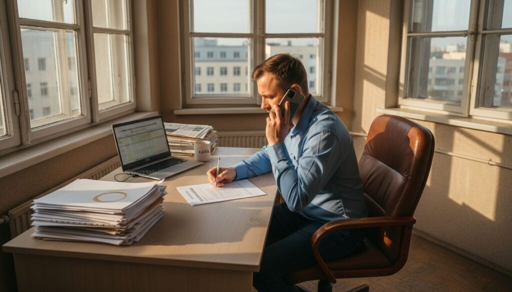 Mężczyzna przegląda dokumenty kredytowe w niewielkim biurze.