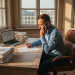 Mężczyzna przegląda dokumenty kredytowe w niewielkim biurze.