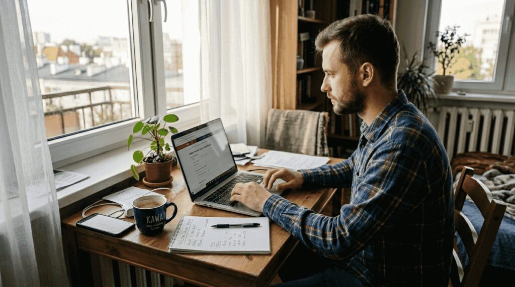 Mężczyzna wypełnia wniosek o kredyt przez internet