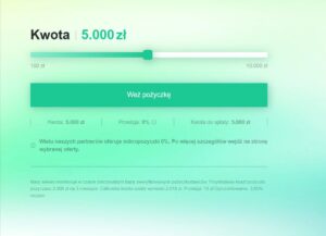 Interfejs kalkulatora na stronie głównej brokera Crezu umożliwiający wybór parametrów wsparcia finansowego.