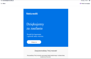 Zrzut ekranu przedstawiający wiadomość e-mail od NetCredit otrzymaną po złożeniu formularza o pożyczkę w serwisie Crezu – dowód na przekazanie danych.