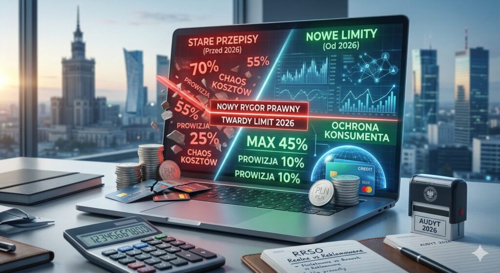 Nowe limity kosztów pożyczek w 2026 roku: Holograficzna analiza analityka pokazująca twardy pułap ustawowy na PLN, obcięcie wysokich opłat (czerwone) i nowe niskie koszty (zielone) chroniące konsumenta przed spiralą zadłużenia, styl FinTech w Warszawie