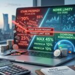 Nowe limity kosztów pożyczek w 2026 roku: Holograficzna analiza analityka pokazująca twardy pułap ustawowy na PLN, obcięcie wysokich opłat (czerwone) i nowe niskie koszty (zielone) chroniące konsumenta przed spiralą zadłużenia, styl FinTech w Warszawie